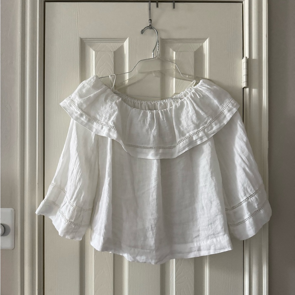ZARA 100% Linen White Off-Shoulder Ruffle Lace Cropped Bell Sleeve Top Women XS